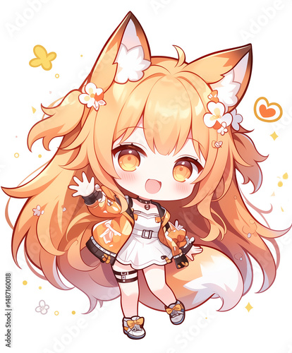A chibi cartoon illustration depicts a little girl with a fox ear | transparent png