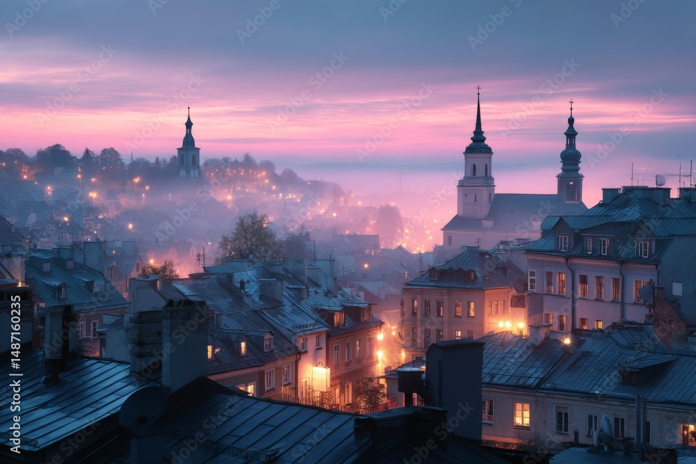 Naklejka premium Elevated view of classic European town rooftops at dawn, soft pink sunrise light, morning fog, historic charm