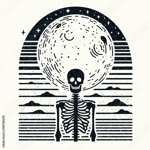 Skeleton in front of a full moon. Halloween Skull Bones Anatomy Skeletal Clipart Line Art Vector Illustration. Bony figure before lunar orb spectral scene night horror concept.