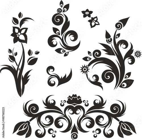 Vector Chinese ornamental floral designs set with peacock feathers, flowers, leaves, swirls. Exquisite decorative luxury designs, typical for Asian cultural tradition. Black and white vinyl-ready art.