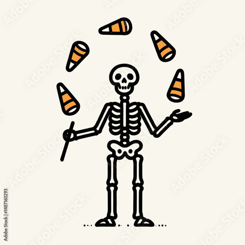 Skeleton juggling candy corn. Halloween Skull Bones Anatomy Skeletal Clipart Line Art Vector Illustration. Boney figure tossing sugary maize snack autumn holiday trick or treat.