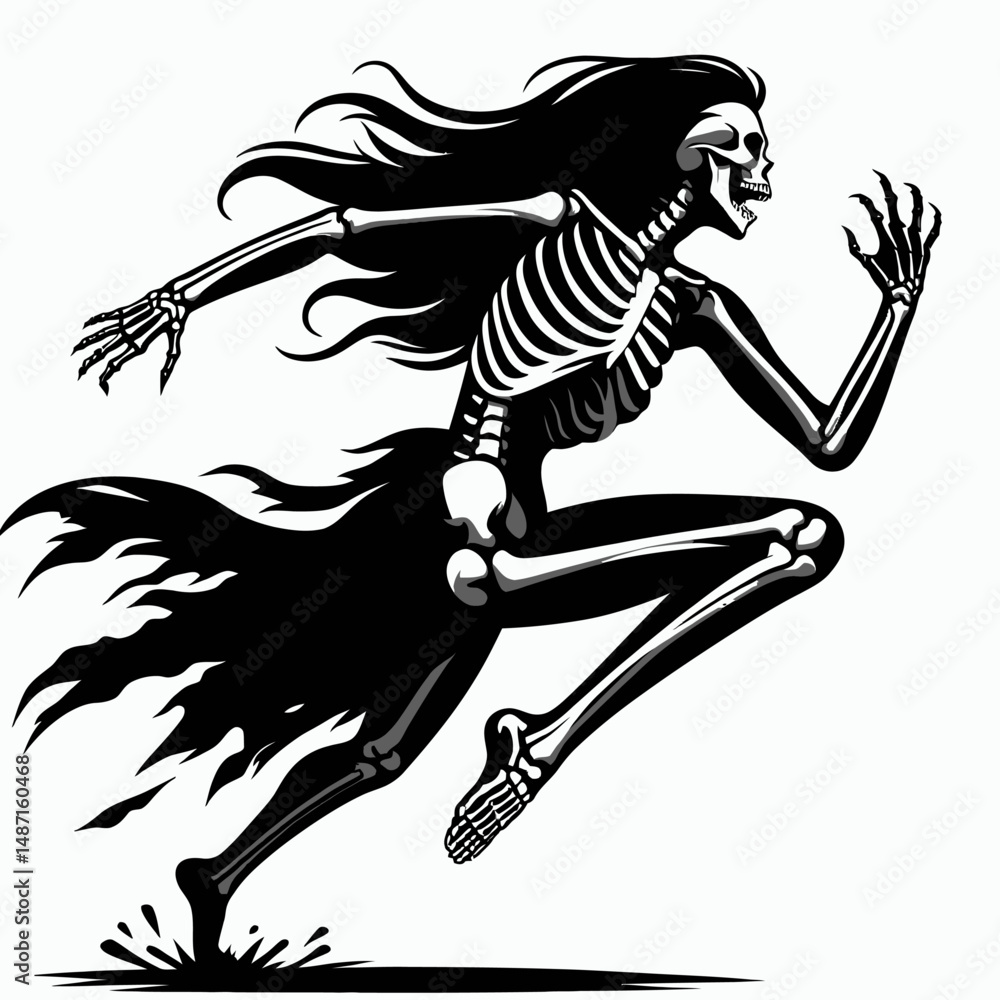 Obraz premium Skeleton jumping out to scare someone. Halloween Skull Bones Anatomy Skeletal Clipart Line Art Vector Illustration. Osseous figure leaps forth creating fright terror a sudden alarming.