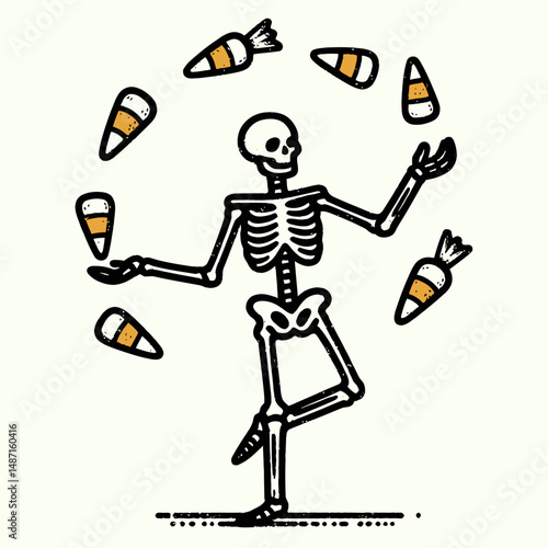 Skeleton juggling candy corn. Halloween Skull Bones Anatomy Skeletal Clipart Line Art Vector Illustration. Bony form tossing sweet kernel treat eerie autumn carnival spectacle.