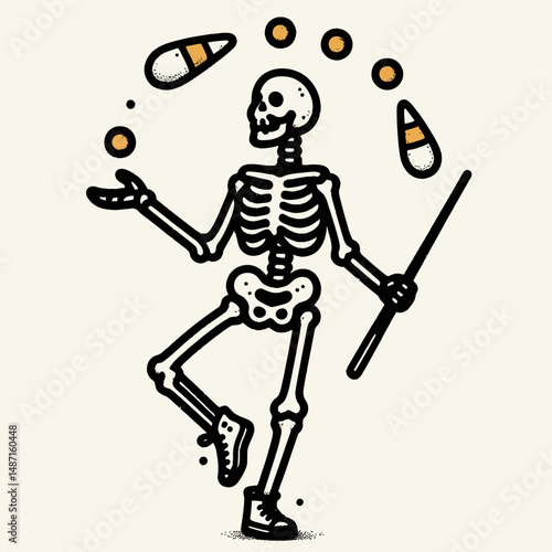 Skeleton juggling candy corn. Halloween Skull Bones Anatomy Skeletal Clipart Line Art Vector Illustration. Bony frame tossing sugary kernels autumn holiday trick theme treat.