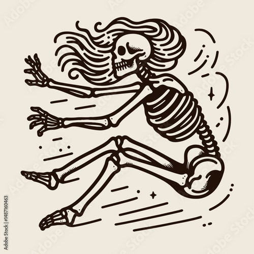 Skeleton jumping out to scare someone. Halloween Skull Bones Anatomy Skeletal Clipart Line Art Vector Illustration. figure leaping forward for a frightful jest or prank.