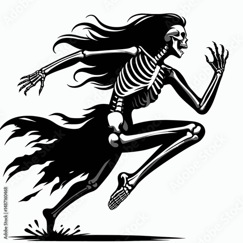 Skeleton jumping out to scare someone. Halloween Skull Bones Anatomy Skeletal Clipart Line Art Vector Illustration. Osseous figure leaps forth creating fright terror a sudden alarming.