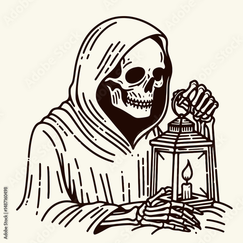 Skeleton lighting a spooky lantern. Halloween Skull Bones Anatomy Skeletal Clipart Line Art Vector Illustration. Bony figure igniting an eerie beacon spectral illumination autumn night.