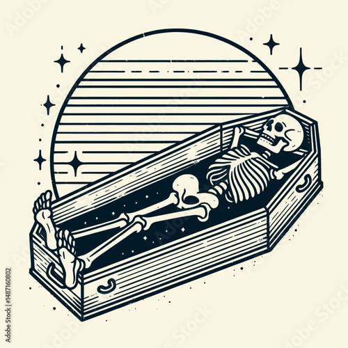Skeleton lying in a coffin. Halloween Skull Bones Anatomy Skeletal Clipart Line Art Vector Illustration. Bony remains reposing inside interment box memorial concept mortality theme.