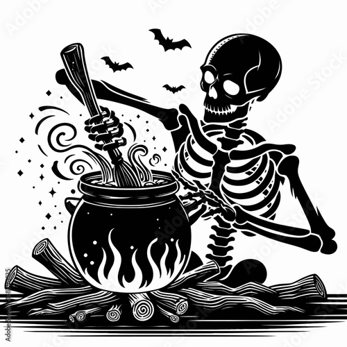 Skeleton making a witchs brew. Halloween Skull Bones Anatomy Skeletal Clipart Line Art Vector Illustration. Bony figure concocting magical potion festive autumn season scene.