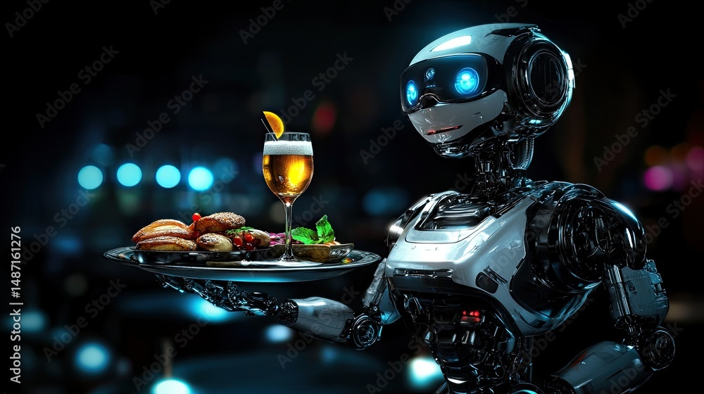Obraz premium A futuristic robot with a sleek, glossy design holds a tray with two drinks and a bowl of fruit.