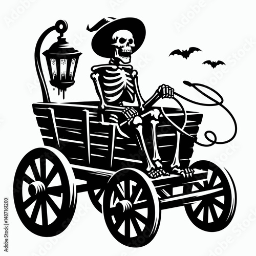Skeleton on a haunted hayride. Halloween Skull Bones Anatomy Skeletal Clipart Line Art Vector Illustration. Bony figure upon eerie autumn wagon tour frightful journey through spooky patch.