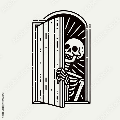 Skeleton peeking around a corner. Halloween Skull Bones Anatomy Skeletal Clipart Line Art Vector Illustration. Bony figure spying from building angle creepy motif spooky fright.