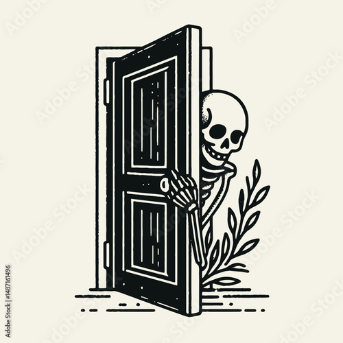 Skeleton peeking around a corner. Halloween Skull Bones Anatomy Skeletal Clipart Line Art Vector Illustration. Bony figure spying from angle bone structure gazing spooky motif.