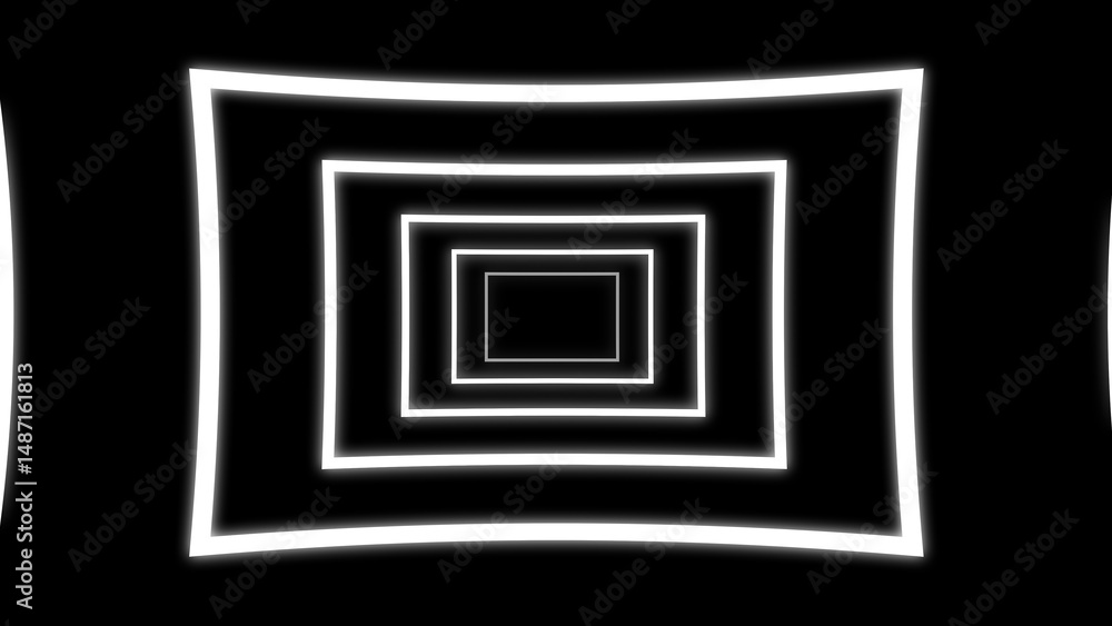 Abstract perspective of glowing white rectangles on a black background, creating an optical illusion of infinite depth and three-dimensional tunnel design. Abstract perspective of glowing white rectangles on a black background, creating an optical illusion of infinite depth and three-dimensional tunnel design.