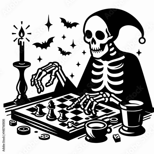 Skeleton playing a spooky board game. Halloween Skull Bones Anatomy Skeletal Clipart Line Art Vector Illustration. Bony figure enjoying eerie tabletop strategy fun macabre pastime moment.