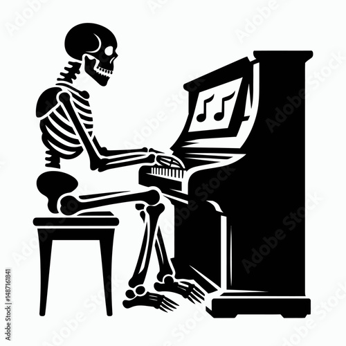 Skeleton playing a spooky tune on piano. Halloween Skull Bones Anatomy Skeletal Clipart Line Art Vector Illustration. Bony figure crafting eerie music keyboard instrument for spectral.