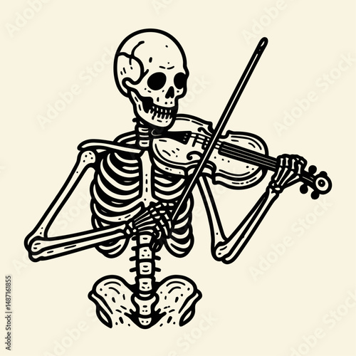 Skeleton playing a spooky tune on violin. Halloween Skull Bones Anatomy Skeletal Clipart Line Art Vector Illustration. Bony phantom creating eerie melody stringed instrument macabre concert.