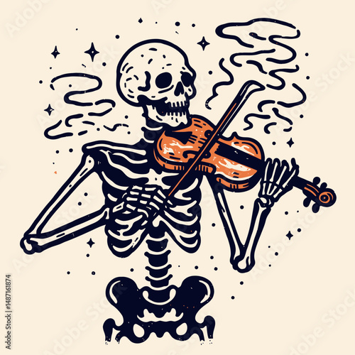 Skeleton playing a spooky tune on violin. Halloween Skull Bones Anatomy Skeletal Clipart Line Art Vector Illustration. Bony figure performing eerie melody upon fiddle spectral composition.