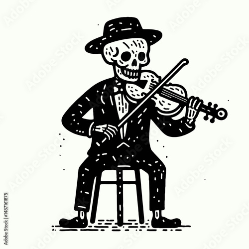 Skeleton playing a spooky tune on violin. Halloween Skull Bones Anatomy Skeletal Clipart Line Art Vector Illustration. Bony phantom weaving eerie melody with stringed instrument scary.