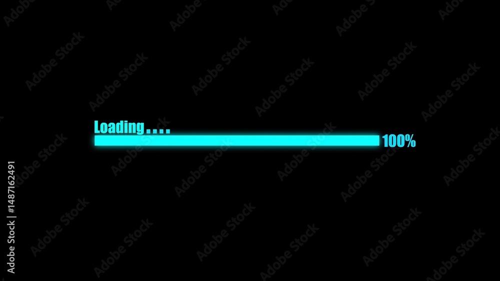 Neon blue loading bar showing one hundred percent completion on a black background illustrating progress and technological advancement Neon blue loading bar showing one hundred percent completion on a black background illustrating progress and technological advancement