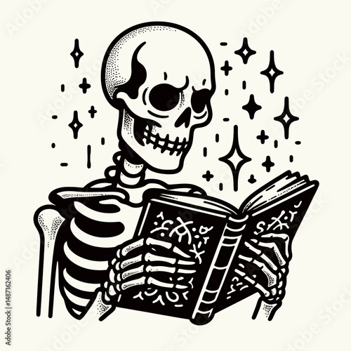 Skeleton reading a haunted storybook. Halloween Skull Bones Anatomy Skeletal Clipart Line Art Vector Illustration. Bony figure perusing eerie folklore volume chilling horror narrative theme.
