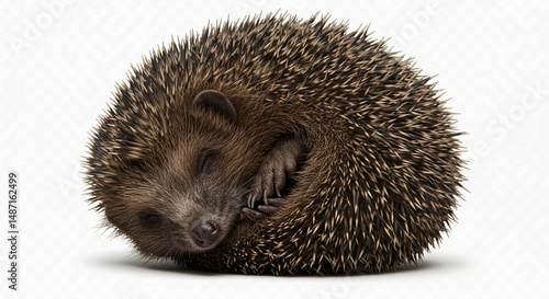 Serene Slumber: A Close-Up Depiction of a Hedgehog Curled in Peaceful Sleep on an Isolated White Backdrop for Creative Projects