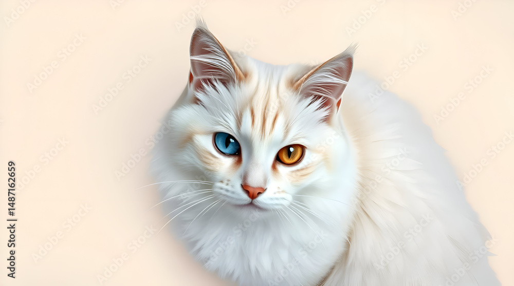 Elegant Turkish Angora Cat with Heterochromia — Sharp White Fur on Pastel Abstract Background, Generative AI Elegant Turkish Angora Cat with Heterochromia — Sharp White Fur on Pastel Abstract Background, Generative AI