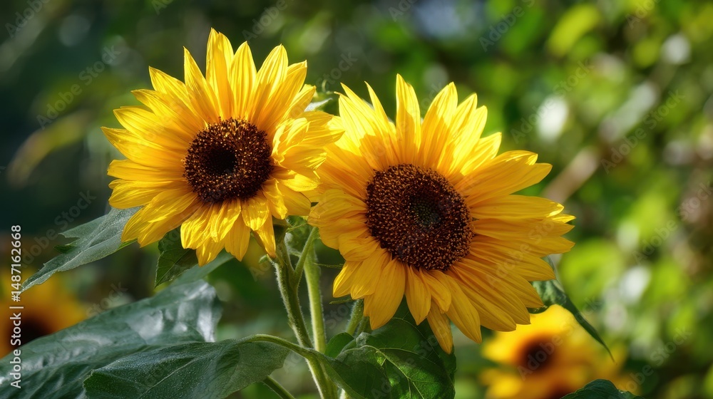 Fototapeta premium Beautiful sunflowers blooming in a lush garden setting with vibrant yellow petals and rich brown centers against a soft bokeh background of green foliage