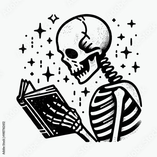 Skeleton reading a spell book. Halloween Skull Bones Anatomy Skeletal Clipart Line Art Vector Illustration. Bony cadaver learning enchantment from aged tome of sorcery and conjuration.