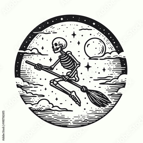 Skeleton riding a broomstick under the moon. Halloween Skull Bones Anatomy Skeletal Clipart Line Art Vector Illustration. Bony figure gliding on besom beneath lunar glow spectral flight.