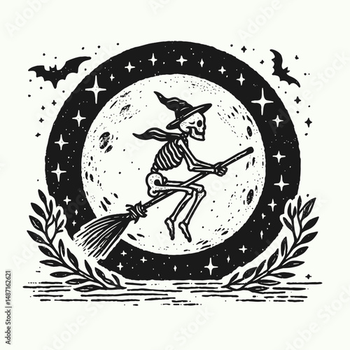 Skeleton riding a broomstick under the moon. Halloween Skull Bones Anatomy Skeletal Clipart Line Art Vector Illustration. Bony figure astride besom beneath lunar orb nocturnal fantastic.