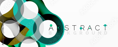 Modern graphic design. Overlapping circles create dynamic composition. Teal, gold, gray hues dominate white backdrop. Minimalist aesthetic.