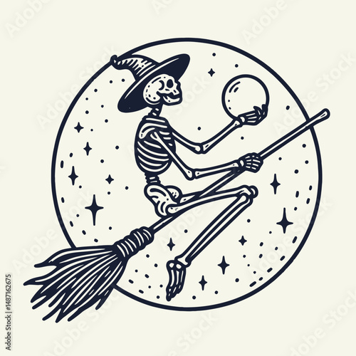 Skeleton riding a broomstick. Halloween Skull Bones Anatomy Skeletal Clipart Line Art Vector Illustration. Bony figure astride besom zipping through the ether spooky gothic scene.