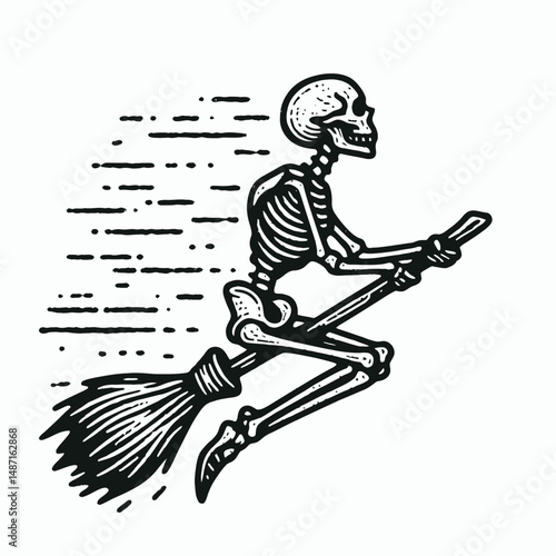 Skeleton riding a broomstick. Halloween Skull Bones Anatomy Skeletal Clipart Line Art Vector Illustration. Bony figure soaring on witchs stick spectral flyer eerie.