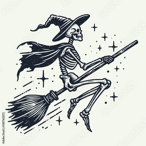 Skeleton riding a broomstick. Halloween Skull Bones Anatomy Skeletal Clipart Line Art Vector Illustration. Bony phantom soaring high on twiggy shaft for seasonal celebration.