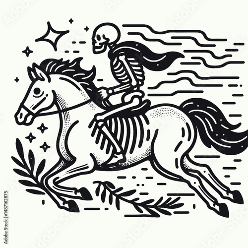 Skeleton riding a ghost horse. Halloween Skull Bones Anatomy Skeletal Clipart Line Art Vector Illustration. figure astride spectral steed phantasm equine in death apparition.