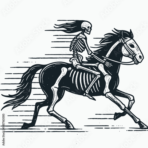 Skeleton riding a haunted horse. Halloween Skull Bones Anatomy Skeletal Clipart Line Art Vector Illustration. Bony figure astride spectral steed ghostly equines in creepy fantasy scene.