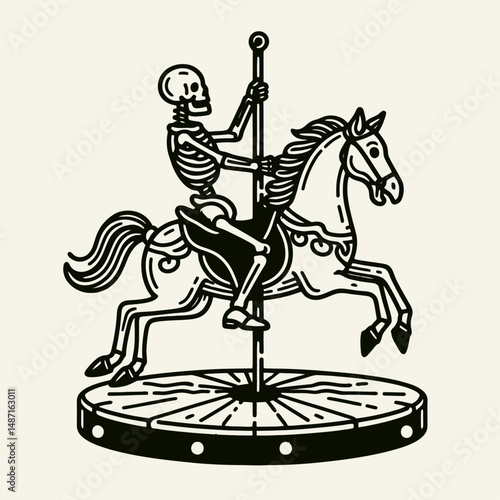 Skeleton riding a spooky carousel. Halloween Skull Bones Anatomy Skeletal Clipart Line Art Vector Illustration. Bony specter astride macabre merry-go-round eerie creepy spectral theme.