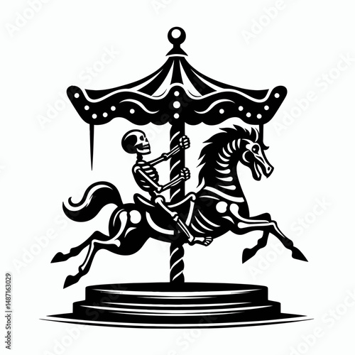 Skeleton riding a spooky carousel. Halloween Skull Bones Anatomy Skeletal Clipart Line Art Vector Illustration. Bony figure atop ghastly merry-go-round creepy amusement theme.