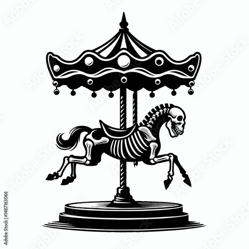 Skeleton riding a spooky carousel. Halloween Skull Bones Anatomy Skeletal Clipart Line Art Vector Illustration. Bony phantom astride terrifying whirligig eerie fairground attraction theme.