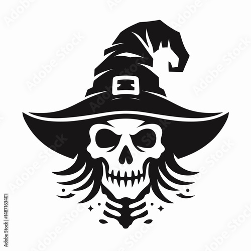 Skeleton s face wear witch hat in halloween. Halloween Skull Bones Anatomy Skeletal Clipart Line Art Vector Illustration. Bony visage adorned with pointed sorceress headgear during spooky.