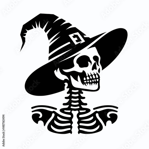 Skeleton s head wear witch hat in halloween. Halloween Skull Bones Anatomy Skeletal Clipart Line Art Vector Illustration. Bony cranium adorns pointy sorceress chapeau during spooky october.