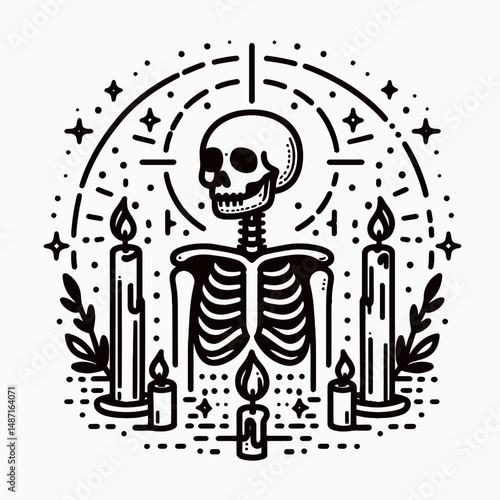 Skeleton surrounded by candles. Halloween Skull Bones Anatomy Skeletal Clipart Line Art Vector Illustration. remains amid illumination from wax tapers gothic theme occult concept.