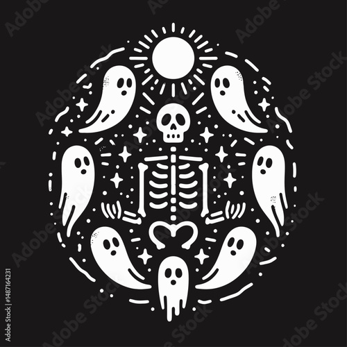 Skeleton surrounded by ghosts. Halloween Skull Bones Anatomy Skeletal Clipart Line Art Vector Illustration. Bony figure amid spectral apparitions eerie phantom haunt spooky imagery.