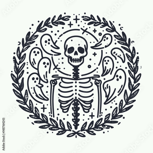 Skeleton surrounded by ghosts. Halloween Skull Bones Anatomy Skeletal Clipart Line Art Vector Illustration. Bony apparition in eerie spectral encirclement phantom motif.