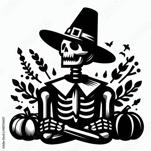 Skeleton wear pilgrim hat in thanksgiving. Halloween Skull Bones Anatomy Skeletal Clipart Line Art Vector Illustration. Bony figure don old fashioned bonnet gratitude for autumn celebration.