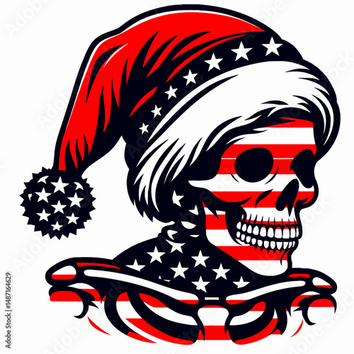 Skeleton wear santa hat as Claus. Halloween Skull Bones Anatomy Skeletal Clipart Line Art Vector Illustration. figure donned in crimson headwear becoming jovial winter holiday icon.