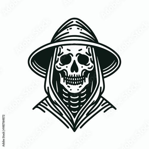 Skeleton wearing a black cloak. Halloween Skull Bones Anatomy Skeletal Clipart Line Art Vector Illustration. Bony figure in dark apparel shrouded apparition mystery spectral form.