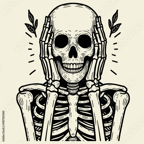 Skeleton wearing a creepy smile. Halloween Skull Bones Anatomy Skeletal Clipart Line Art Vector Illustration. Grinning bony cadaver displaying chilling unsettling smirk horror image.