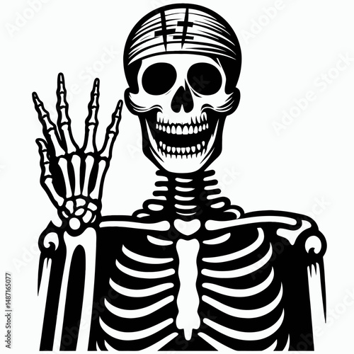 Skeleton wearing a creepy smile. Halloween Skull Bones Anatomy Skeletal Clipart Line Art Vector Illustration. Grinning figure exudes an unsettling spooky cheer ghostly image.